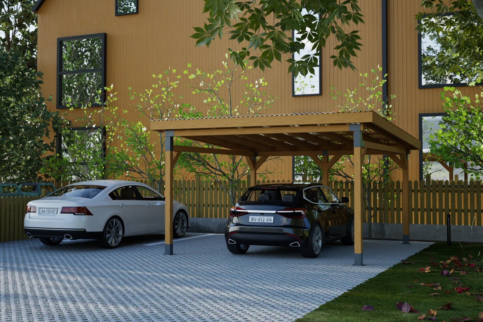 Timber carport attached to a contemporary house, sheltering two cars.