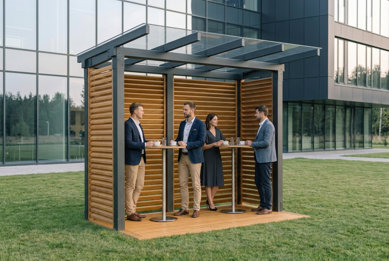 Compact on a lawn beside an office building as an outdoor break area.
